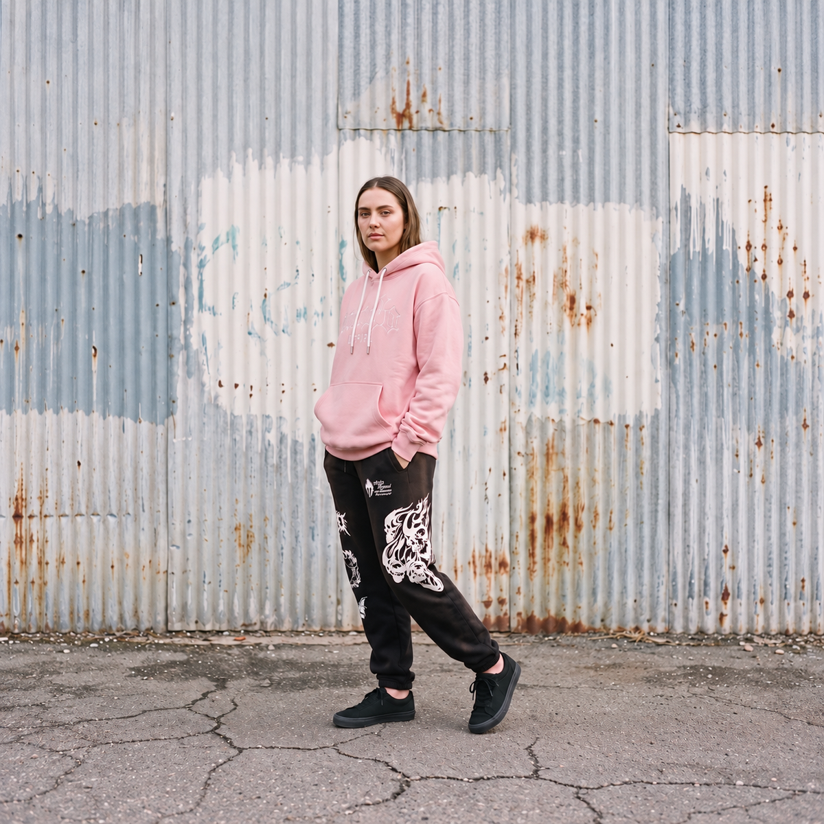 Espresso Wash Jogger — porté avec hoodie rose