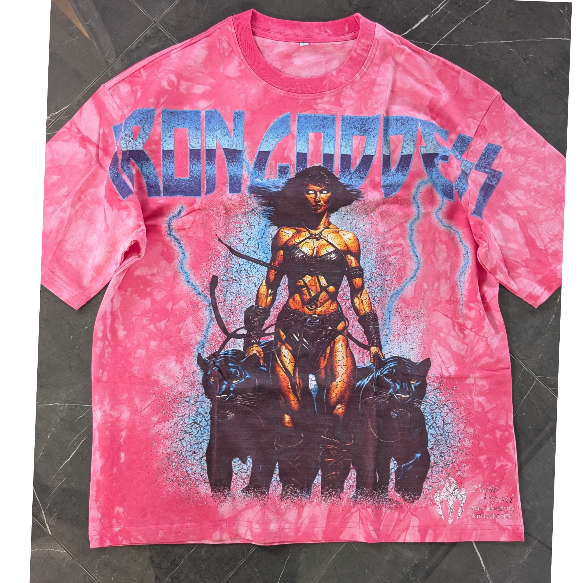 "IRON GODDESS" GIANT print Oversized Tee Pink Tie Dye